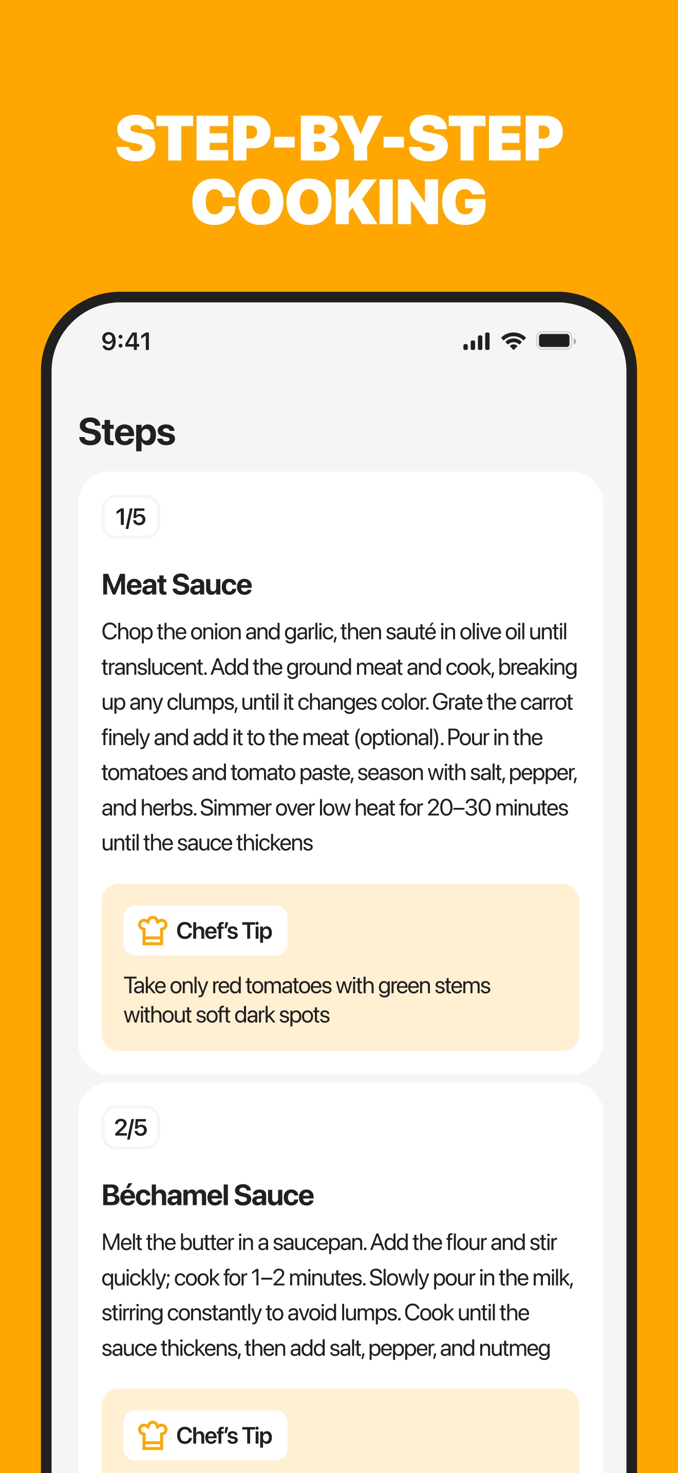 Step-by-step cooking instructions with chef tips