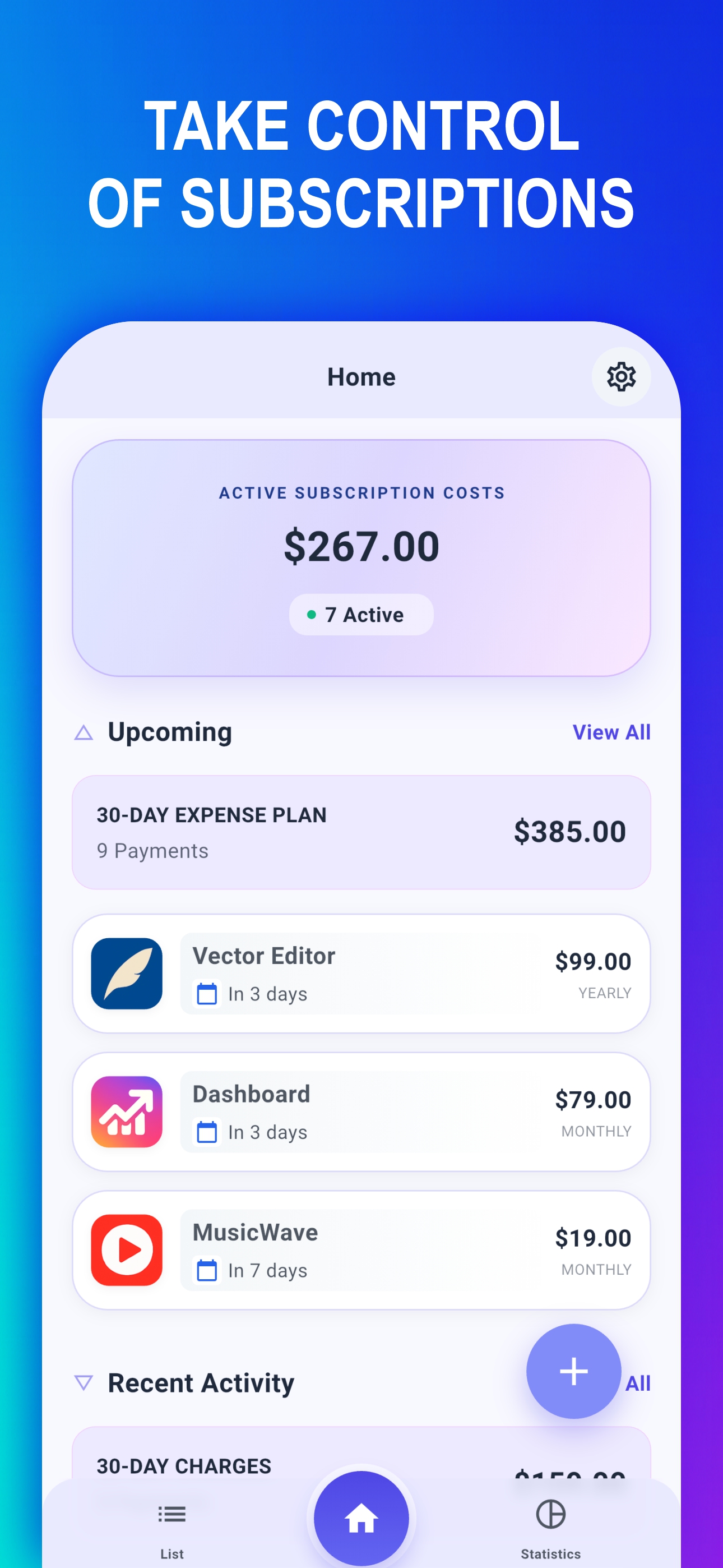 SubSave subscription dashboard